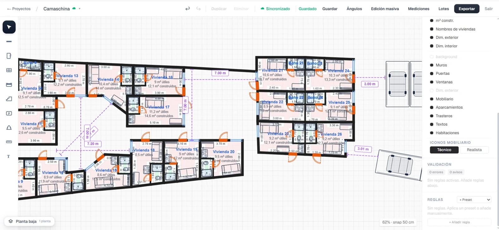 Proyecto piloto en Arquigravital: distribución de un conjunto de viviendas con superficie útil y construida por unidad, aparcamientos y trasteros