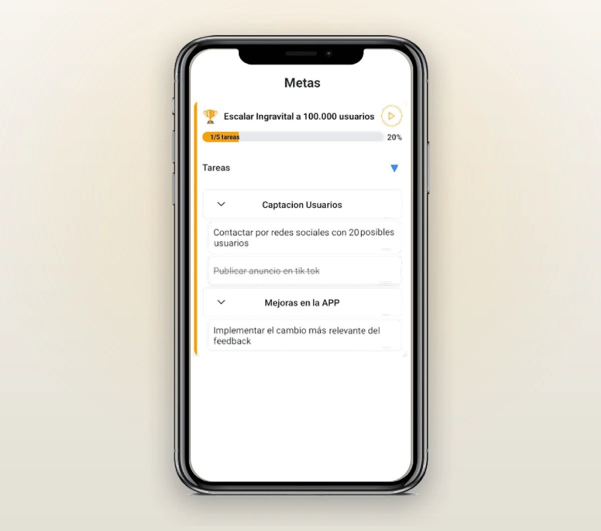 Focogravital en un teléfono: la pantalla de metas, con el objetivo, su porcentaje de avance y los grupos de tareas en que se divide